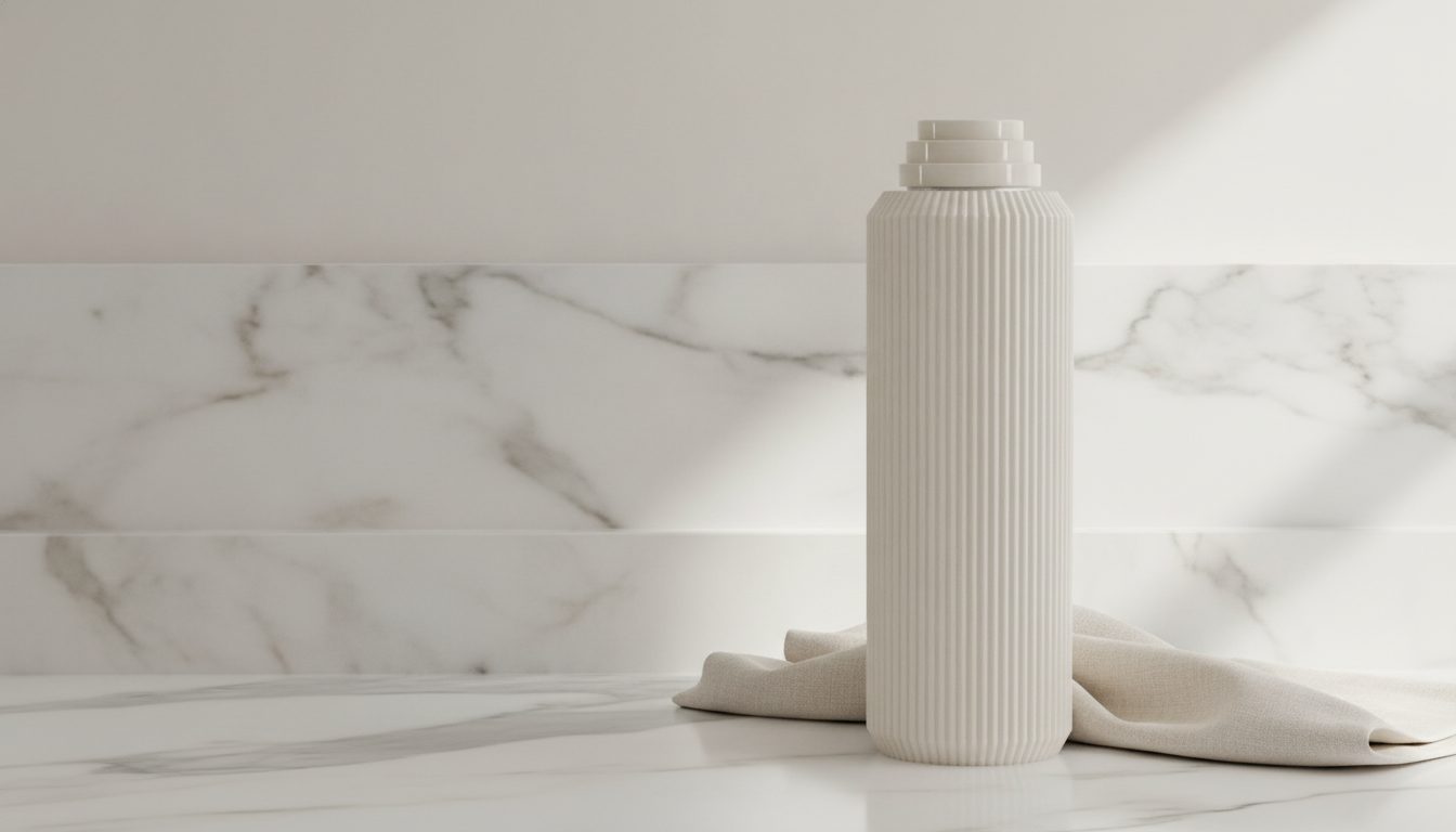 Beluga bottle in fluted Crema ceramic on a marble counter in morning light