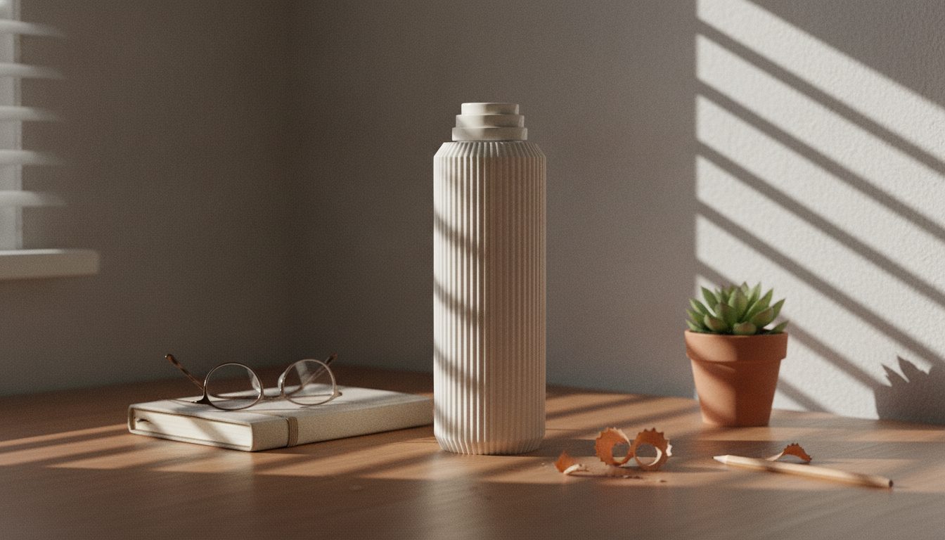 Crema bottle on a desk in late-morning light