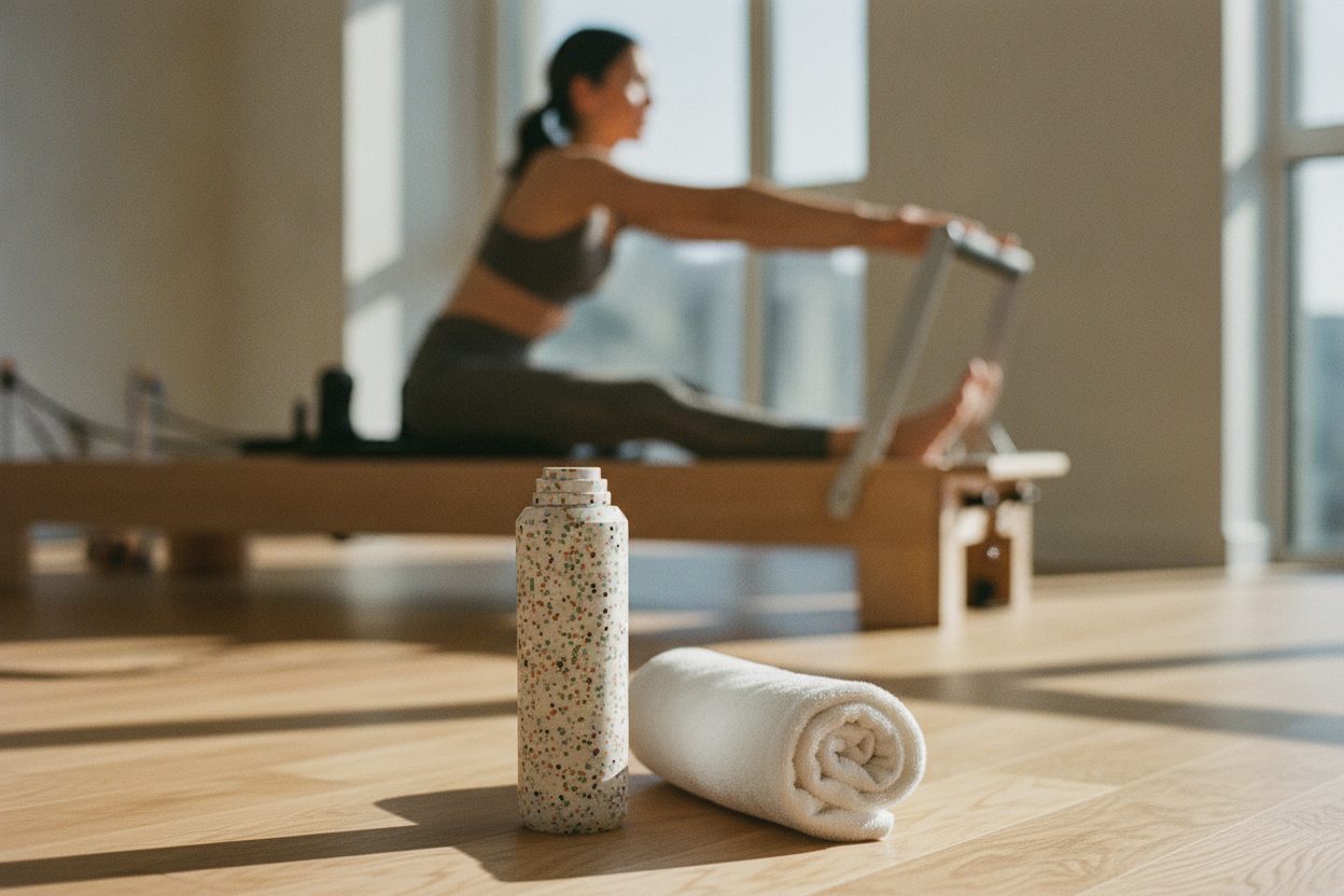 Terrazzo bottle on a pilates studio floor