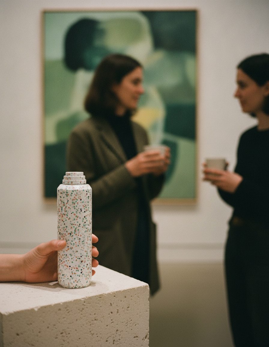 Terrazzo bottle on a gallery plinth