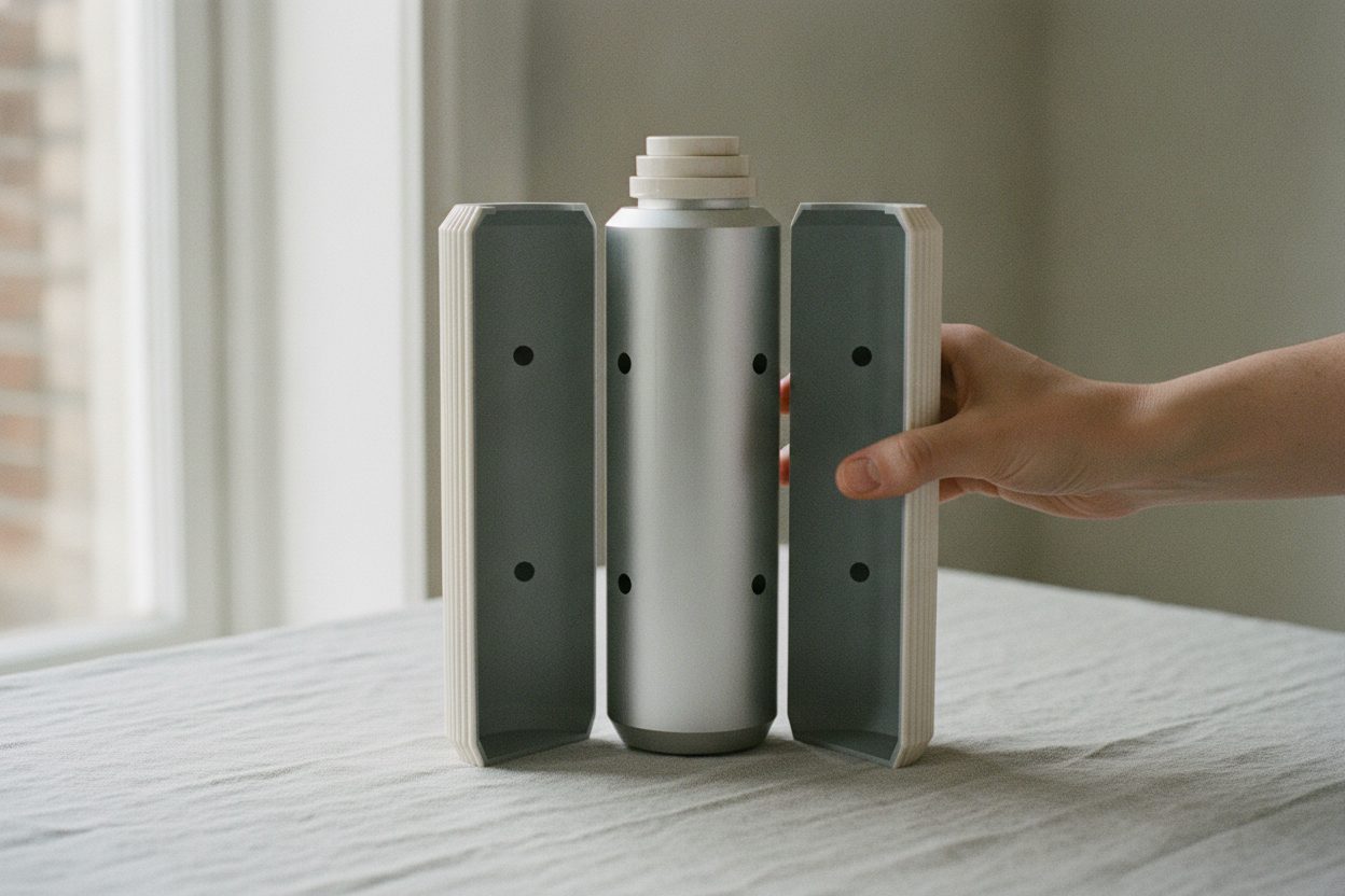 Crema bottle with both fluted halves opened away from the steel body, magnets showing
